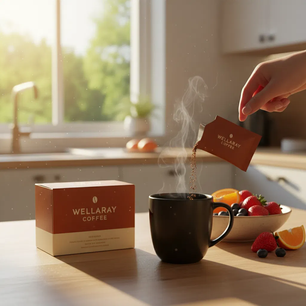 Morgenroutine mit Wellaray Coffee - Kaffee Supplement auf Küchentheke mit frischen Früchten